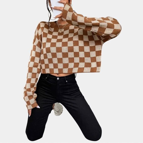 Checkered Pattern Drop Shoulder Sweater - Picture 6 of 7